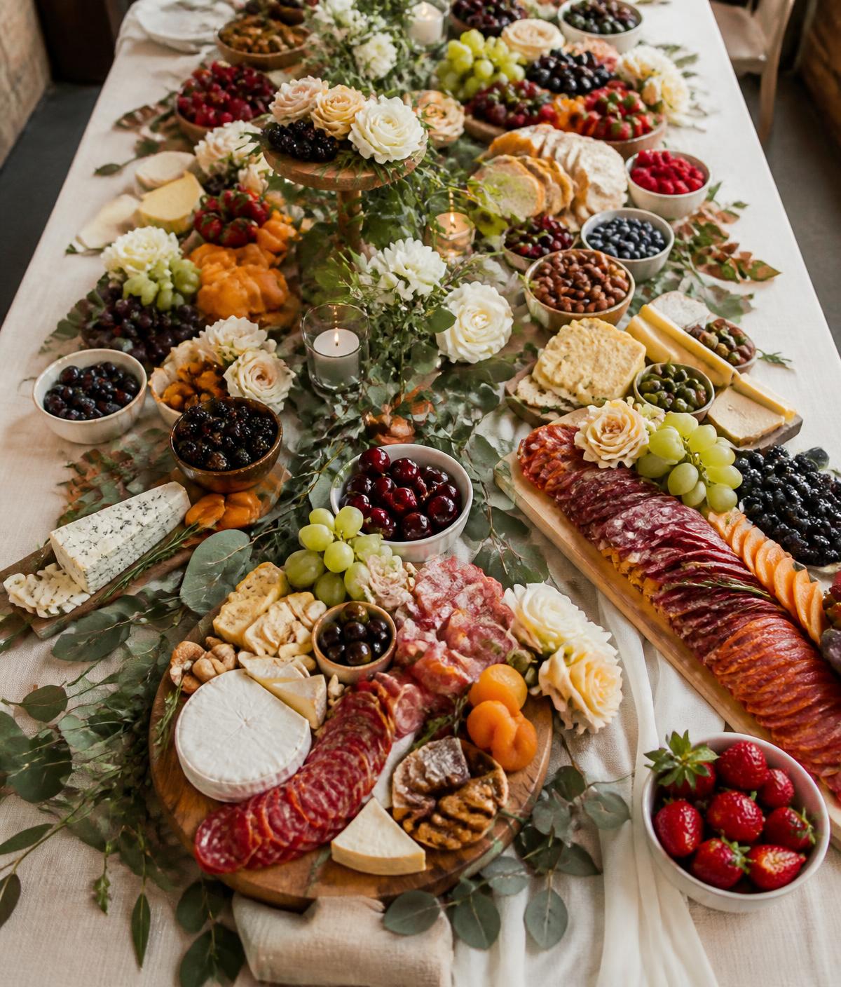 Elegant grazing table overflowing with charcuterie, cheeses, fresh fruit and flowers