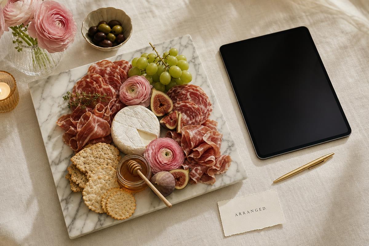 Elegant tasting board with charcuterie, cheese, figs, fresh flowers and a gold pen on cream linen