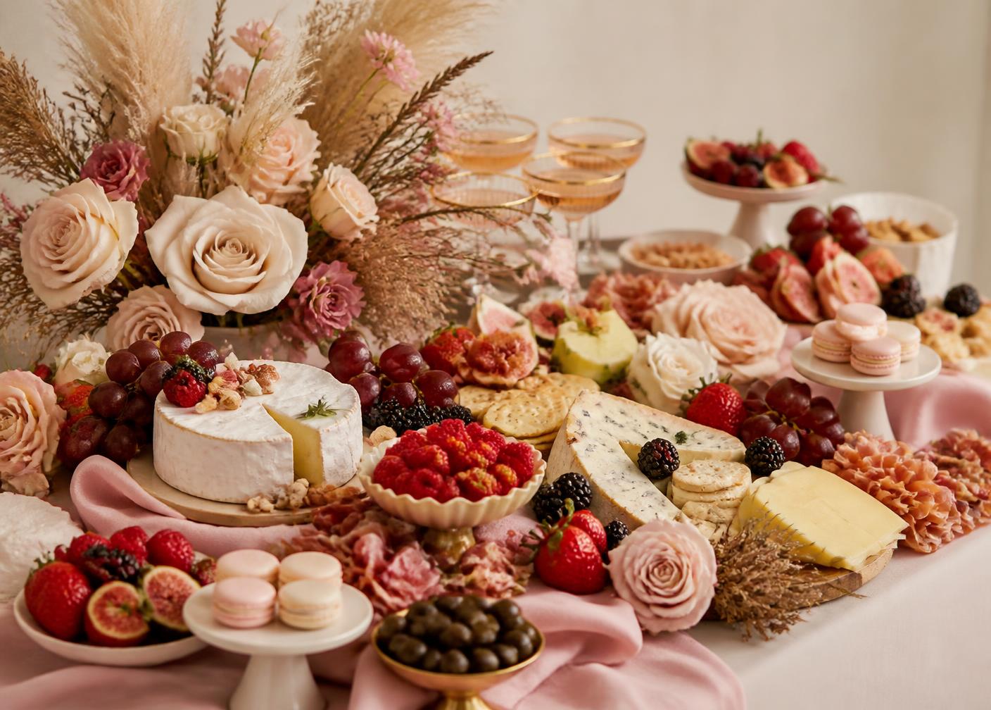 Blush romance grazing table with pink roses, berries, cream cheeses and dried pampas on dusty rose linen